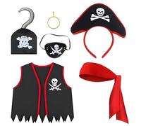 Jyeennar 6Pcs Kids Pirate Costume Set,Including Skeleton Headband,Eye Patch, Earring,Cloth Hook, Vest, Bandana,Pirate Accessories for Birthday Party Role Play Dress Up