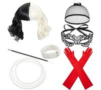 Jyeennar 7pcs Black and White Witch Set, Cruella Costume Accessories with Wig,Headband, Eye Mask,Necklace,Wristband, Nagic Wand, Gloves,for Halloween Theme Party