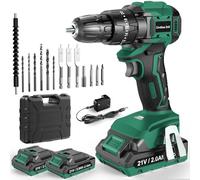 JYGMPRO Cordless Drill Driver 21V, Brushless Cordless Hammer with 2 Batteries 2000mAh, 20+3 Torque, 45N.m Max, 14PCS Drill Bits, 2 Speed, LED Light for Home, Garden DIY Project