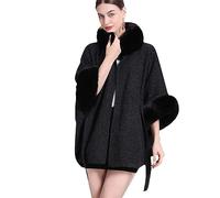 JYHBHMZG Faux Fur Square Lapel Wool Blends Lace-Up Coat Loose Slim Waistband Mid Long Cloak Women Autumn Winter Cape Black One Size