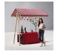 JYHHCYS Portable Food Cart with Striped Canopy, Heavy Duty Mobile Mobile Vendor Stand with Wheels, Commercial Wooden Market Display Stand for Selling Snacks/Sweets/Toys(Red,Large)