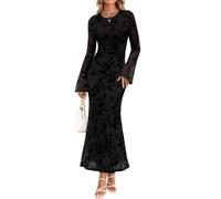 JYIXXZX Womens Maxi Dress Sexy Long Sleeve Floral Mesh Long Dresses Elegant Crew Neck Ruched Bodycon Dress Fall Formal Wedding Guest Evening Gown for Cocktail Party Club Black