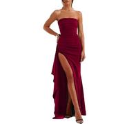 JYIXXZX Womens Strapless Maxi Evening Dress Sexy High Slit Ruched Party Long Dress Irregular Hem Elegant Bandeau Dresses Sleeveless Bodycon Prom Dresses for Club Cocktail Wedding Formal Gowns Red