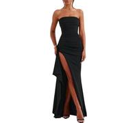 JYIXXZX Womens Strapless Maxi Evening Dress Sexy High Slit Ruched Party Long Dress Irregular Hem Elegant Bandeau Dresses Sleeveless Bodycon Prom Dresses for Club Cocktail Wedding Formal Gowns Black