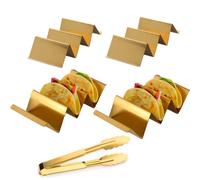 JYJFGSFA 4 Pcs Gold Taco Holders Set with 1 Food Tong, Stainless Steel Taco Stand with Handles for Party, Holds Up to 3 Tacos Each, Dishwasher Oven safe