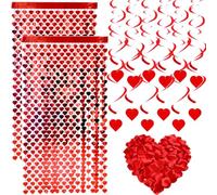 JYJLLM 119PCS Red Love Heart Door Curtain Set, 2 Fringe Curtains with 12 Spiral Hanging Decor & 105 Heart Confetti for Valentine Wedding Romantic Surprise