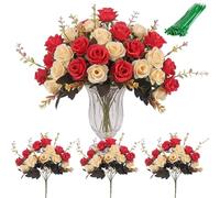 JYJLLM 3 Bundles White Red Artificial Rose Flowers 12 Heads Each with 10 Cable Ties, Silk Faux Roses for Grave Memorial Home Wedding Office Table Decoration