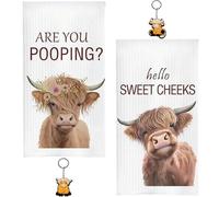 JYJLLM 4PCS Highland Cow Tea Towel Set 45x66cm, 2 Funny Kitchen Bathroom Hand Towels with 2 Highland Cow Keychains for Farmhouse Decor Gift