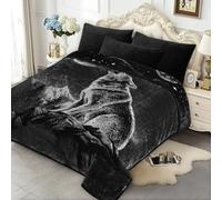 JYK Soft Blanket Korean Mink Blanket, 5 LB Fleece Blanket Queen 75'' x 87'' - 2 Ply Reversible 520GSM Super Soft Plush Flannel Blanket, Thick, Warm Bed Blanket for Autumn Winter - Moon Wolf/Wolf