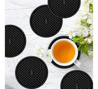 JYKJ Silicone Drink Coasters Set of 6 in Holder - Protect Furniture from Water Marks & Damage, Coaster with Deep Grooved and Non-Slip Bottom for Coffee Beer Mug Wine Glass (Black)