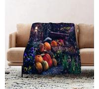 JYLYZZIN Fleece Blanket | Soft Cozy Flannel Throw Blanket | Perfect for Home, Bedroom, Sleepovers & Camping,Orange green yellow and red pumpkins laying over straw next to purple and yellow,100x130cm
