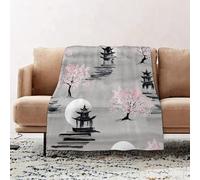 JYLYZZIN Fleece Blanket | Soft Cozy Flannel Throw Blanket | Perfect for Home, Bedroom, Sleepovers & Camping,Cherry blossom trees. Pagoda moon Japanese scenery seamless pattern. Sakura wate,100x130cm