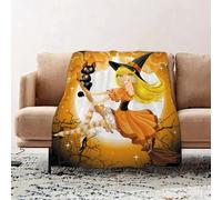JYLYZZIN Fleece Blanket | Soft Cozy Flannel Throw Blanket | Perfect for Home, Bedroom, Sleepovers & Camping,Beautiful witch and her black cat faar flying on a broomstick on Halloween sky,130x150cm