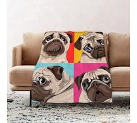 JYLYZZIN Fleece Blanket | Soft Cozy Flannel Throw Blanket | Perfect for Home, Bedroom, Sleepovers & Camping,Four portrait of a pugs in a bright coloring Pop Art style. Humor card t-shirt s,130x150cm