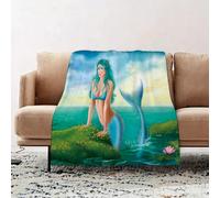JYLYZZIN Fleece Blanket | Soft Cozy Flannel Throw Blanket | Perfect for Home, Bedroom, Sleepovers & Camping,Cute mermaid with green hair and shiny blue tail sitting on stone. Hand drawn an,100x130cm