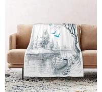 JYLYZZIN Fleece Blanket | Soft Cozy Flannel Throw Blanket | Perfect for Home, Bedroom, Sleepovers & Camping,Lake decor, boat on calm river trees birds branches sketch drawing rt water mi,130x150cm