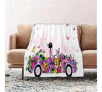 JYLYZZIN Fleece Blanket | Soft Cozy Flannel Throw Blanket | Perfect for Home, Bedroom, Sleepovers & Camping,Cars Set, woman driving floral car with butterflies in the air Woman on the road,100x130cm