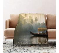JYLYZZIN Fleece Blanket | Soft Cozy Flannel Throw Blanket | Perfect for Home, Bedroom, Sleepovers & Camping,Kerala orange dish house boat anchored on the shores calm nature parks Kochi Coc,100x130cm