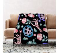 JYLYZZIN Fleece Blanket | Soft Cozy Flannel Throw Blanket | Perfect for Home, Bedroom, Sleepovers & Camping,Happy Halloween neon skull seamless pattern with flowers and hand skeleton. Fest,100x130cm