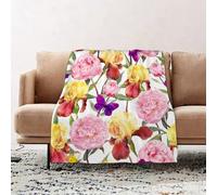 JYLYZZIN Fleece Blanket | Soft Cozy Flannel Throw Blanket | Perfect for Home, Bedroom, Sleepovers & Camping,Flowers peonies pink flowers iris flower and butterflies watercolor,100x130cm