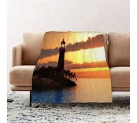 JYLYZZIN Fleece Blanket | Soft Cozy Flannel Throw Blanket | Perfect for Home, Bedroom, Sleepovers & Camping,Lighthouse relaxation, sunset with lighthouse on the island at sea, exotic plant,100x130cm