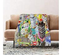 JYLYZZIN Fleece Blanket | Soft Cozy Flannel Throw Blanket | Perfect for Home, Bedroom, Sleepovers & Camping,Graffiti City an illustration of a large collage with houses cars and people,100x130cm