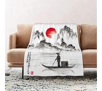 JYLYZZIN Fleece Blanket | Soft Cozy Flannel Throw Blanket | Perfect for Home, Bedroom, Sleepovers & Camping,Landscape with hills sun lake and fisherman in traditional japanese sumi-e style,100x130cm