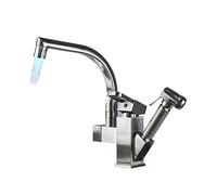 JYMALISA LED Light Kitchen Faucet Mixer Tap Single Handle Two Swivel Spouts Kitchen Hot Cold Water Tap Pull Out Flushing Spray Tap(LED Light Brushed)