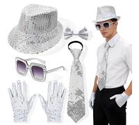 JynkChrenzic 5 Pieces Jazz Dance Costume,Glitter Outfits for Men with Sequin Hat,Gloves,Bow Tie Necktie Sunglasses,70s Hip-Hop Disco Costume for Fancy Dress Party,Dance Performance,Jazz Shows