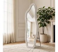 JYNVO Irregular Wavy Full Length Mirror 160x50cm, Upholstered Full Body with Stand, Aesthetic Squiggle Standing & Wall Mounted Mirror for Bedroom Living Room, Cream White Velvet