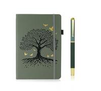 JynxtoyZeal A5 Notebook with a Pen, 200 Pages/100 Sheets Notepad Hardback, Tree Embossed Leather Cover, Double Spiral Binding Ruled Journal for Women Men, Lined Paper, No Bleed, Green, 8.4" x 5.8"
