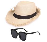 JynxtoyZeal Summer Panama Beach Sun Cap, Unisex Hat Straw Hats, Sunglasses, Summer Beach Cap Sun Straw Hat Sun Protection UPF 50 Vintage Casual for Traveling Holiday Beach Beige