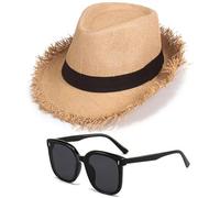 JynxtoyZeal Summer Panama Beach Sun Cap, Unisex Hat Straw Hats, Sunglasses, Summer Beach Cap Sun Straw Hat Sun Protection UPF 50 Vintage Casual for Traveling Holiday Beach Khaki