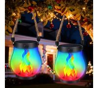 Jyoiat Christmas Solar Flame Lanterns Hanging Outdoor Waterproof - 2 Pack Flame Lanterns with Dual Charging Modes of Solar & USB for Garden or Yard Christmas Decorations (Multicolor - 2 Pack)