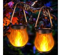 Jyoiat Halloween Solar Flame Lantern Hanging Outdoor Waterproof Purple - 2 Pack Flame Lanterns with Dual Charging Modes of Solar & USB for Garden or Yard Halloween Decorations (Warm White - 2 Pack)