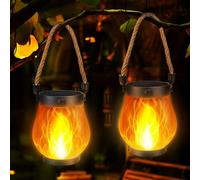 Jyoiat Halloween Solar Flame Lantern Hanging Outdoor Waterproof Purple - 2 Pack Flame Lanterns with Dual Charging Modes of Solar & USB for Garden or Yard Halloween Decorations (Warm White - 2 Pack)