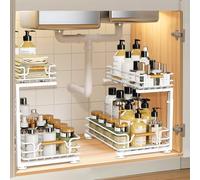 JYPS 2 Pack Under Sink Storage, 2 Tier Metal Pull Out Under Sink Organiser, Height Adjustable Kitchen Undersink Organiser, Kitchen Storage & Organisation for Bathroom Cabinet (White)