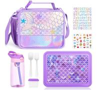 JYPS 3PCS Kids Lunch Bag and Bento Box Set, Insulated Lunch Bag,Multicompartment Bento Lunch Box&Water Bottle for Kids Age 4+, Leakproof Lunch Containers for Girls/School (Purple mermaid)