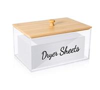 JYPS Acrylic Dryer Sheet Holder with Bamboo Lid, Laundry Dispenser Container with Dryer Sheet Label, Washing Tablets Storage Box, Transparent Organiser for Dryer Balls/Laundry Pods/Laundry Sheets