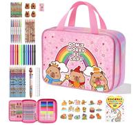 JYPS Capybara Art Supplies Bag for Girls, 73 Pcs Colouring Drawing Set for Kids with Coloring Book, Fruit Scented Markers, Crayon, Erasable Writing Pens Stationery Set, Presents for Children Age 4-10
