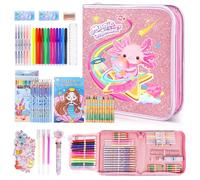 JYPS Colouring Pens for Kids, 73 Pcs Axolotl Art Supplies Set with Coloring Book, Pencil, Scented Markers, Crayon, Arts Crafts Travel Drawing Kits for Girls Age 4-8, Kids Colouring Stationary Gift