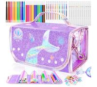 JYPS Kids Colouring Set with Pencil Case, 70PCS Mermaid Washable Art Supplies with Glitter Pens,Markers, Crayon, Girls Birthday Presents Age 3-12, Art Set and Crafts Drawing Set Stationery Gifts