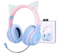 JYPS Kids Wireless Headphones for Girls, LED Light Up Cat Ear Childrens Bluetooth Headphones, Adjustable Headphones Over-ear with Microphone for Teenager/Adults Women/Tablet/iPad/PC pinkblue