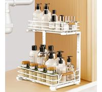 JYPS Kitchen Organiser, 2 Tier Metal Under Sink Storage Slide Out Shelf, Height Adjustable Sink Kitchen Storage, Cupboard Rack Sink Organiser for Bathroom, Spice, Cabinet (White)