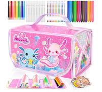 JYPS Washable Colouring Set with Pencil Case, 70 PCS Axolotl Kids Art Pens Set with Scented Glitter Pens,Markers, Crayon, Travel Art and Craft Drawing Set, Easter Gifts for Kids 4-10 Years