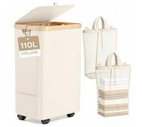 JYPS110L Laundry Hamper with Lid, 2 Compartments Rolling Laundry Hamper | Oxford Fabric, Wheels & Bamboo Handle, Removable Slim Washing Liners, 2 Side Storage Bags, Ideal for Bedroom & Laundry Room