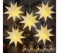 JYQOQH 5 Pcs Christmas Paper Stars,12 Inch Light Up Paper Stars 3D White | 9-Pointed Foldable Paper Star Lamp Shade,45CM LED Hanging Paper Star Lanterns,for Xmas Tree Top/Windows/Xmas/Wedding/Party