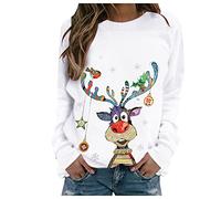 JYSDZSE Christmas Graphic Tee Tops for Women Long Sleeve T Shirt Round Neck Pullover Blouse Cute Elk Print Sweatshirt White