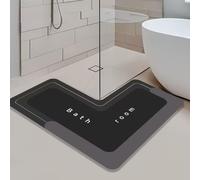 Jyswx L-Shaped Bath Mat Diatomite, Non Slip Quick Dry Corner Bathroom Mat for Shower Bath Toilet, Absorbent Diatomaceous Earth Floor Rug, Water Absorbent Stone Mat, Black, 80×80×40cm