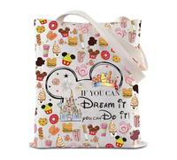 JYTAPP Vacation Trip Gift If You Can Dream You Can Do It Tote Bag Snacks Lover Gift Mouse Family Trip Snacks Shoulder Bag, Beige